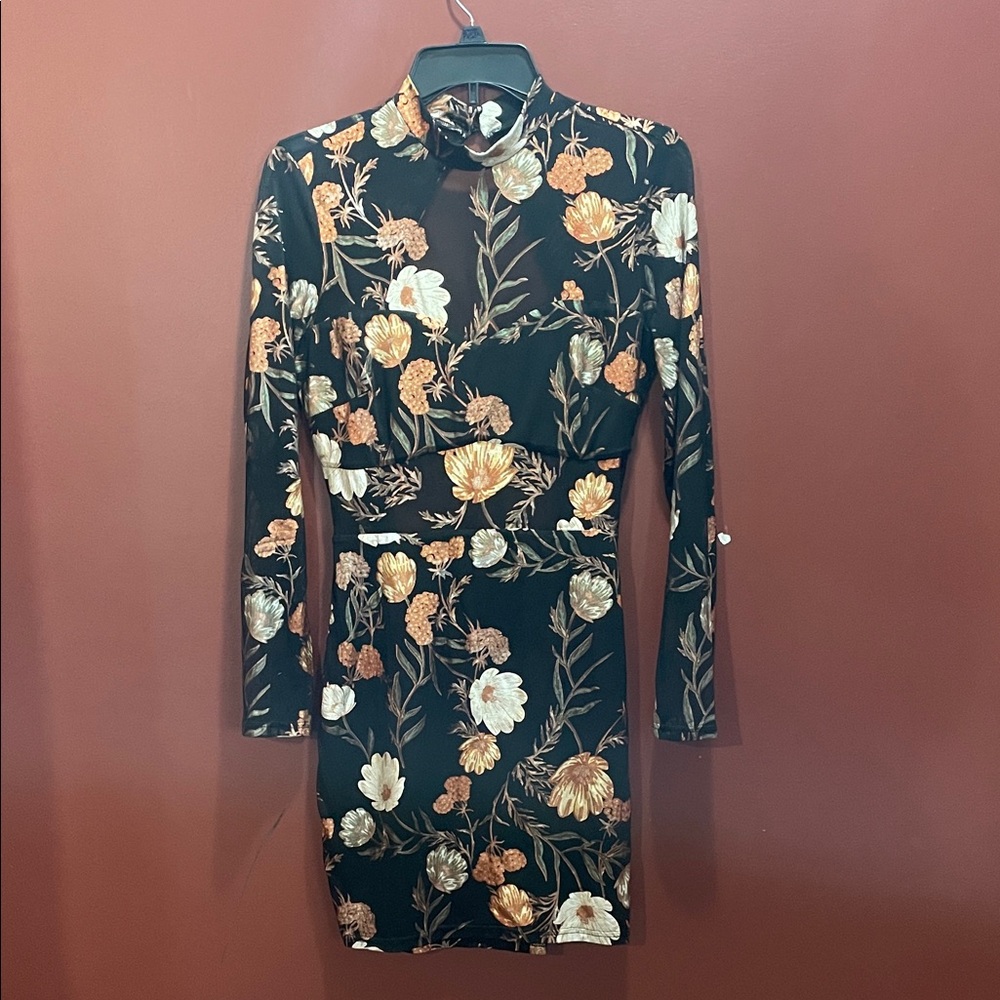 Privy Black Floral Long-Sleeve Bodycon Dress with Mesh / Gold and Cream Accents